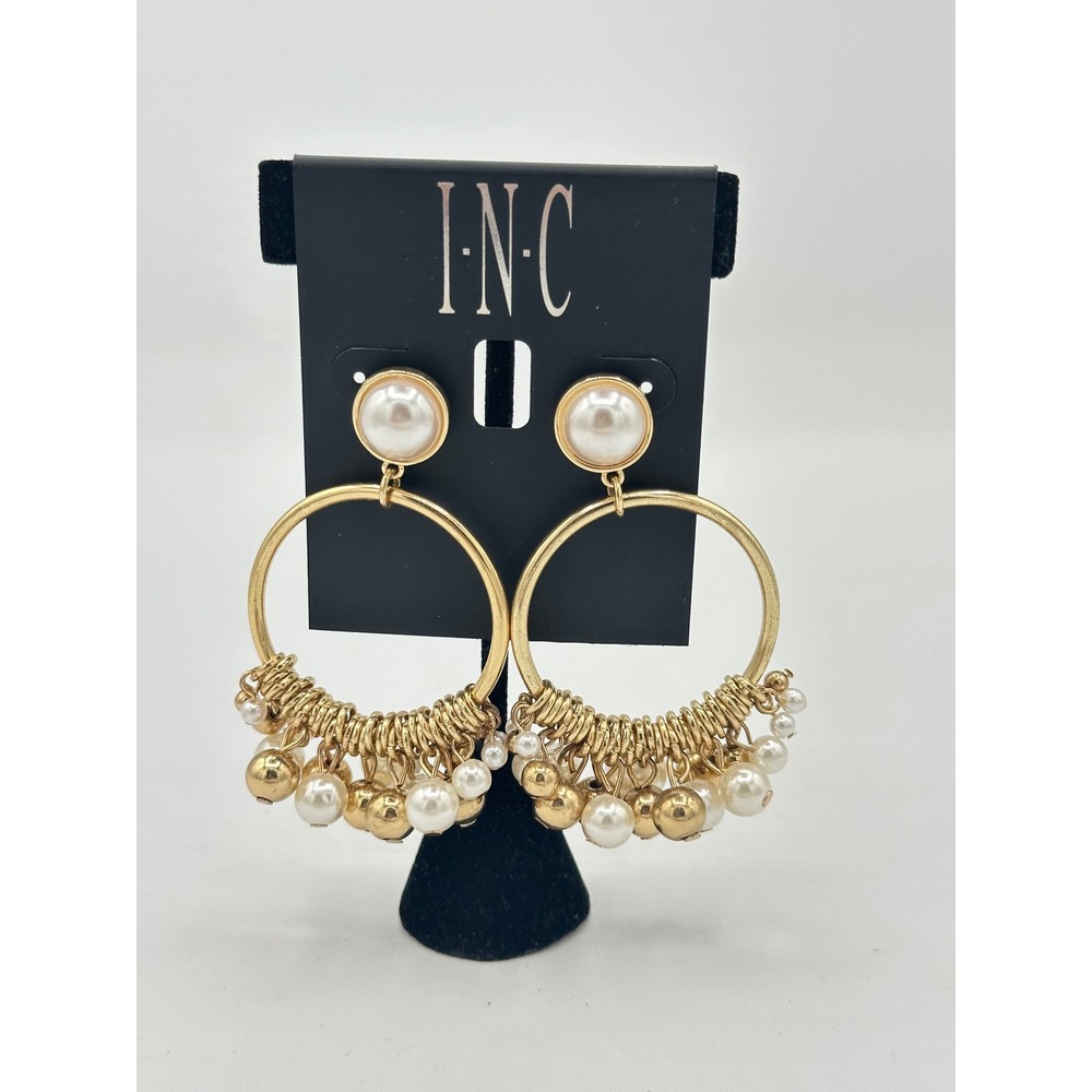 INC Hoop Earrings Womens OS Gold Pearl Excellent Statement Beaded Drop